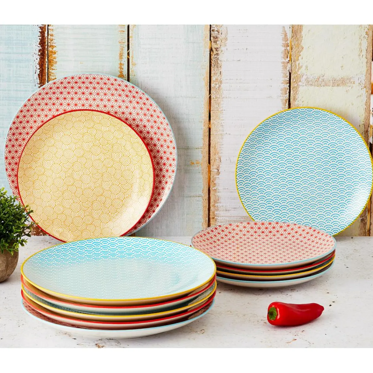 Bjorn Assiettes^6 Assiettes à dessert Pattern Color bleu clair/rouge/jaune - D.21 cm