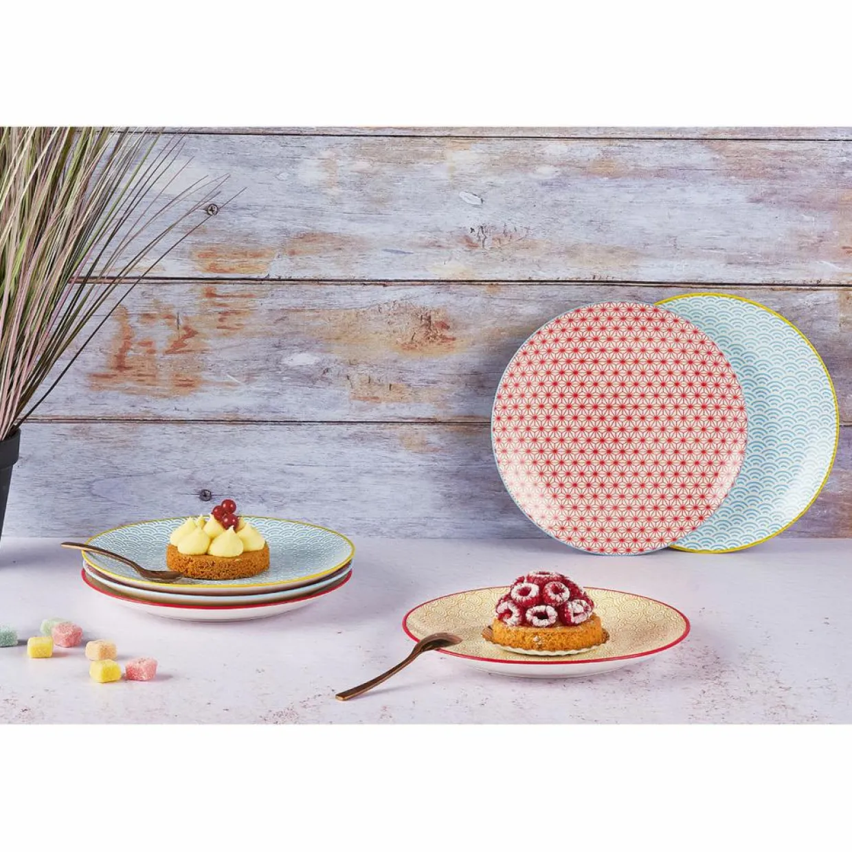 Bjorn Assiettes^6 Assiettes à dessert Pattern Color bleu clair/rouge/jaune - D.21 cm