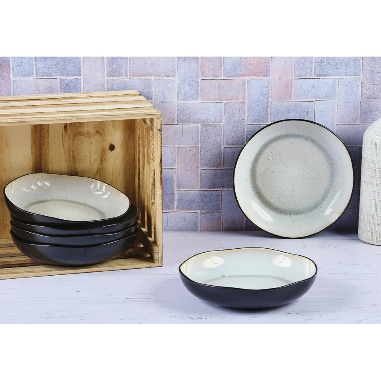 6 Assiettes creuses en Grès Iris blanc/ivoire - D.22.5 cm-Bjorn Clearance