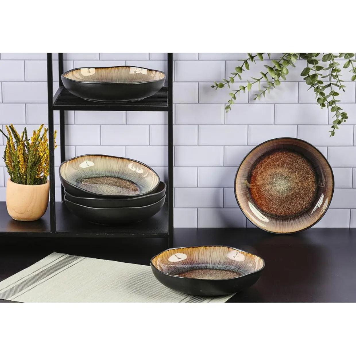 Bjorn Assiettes^6 Assiettes creuses en Grès Iris beige/marron - D.22.5 cm