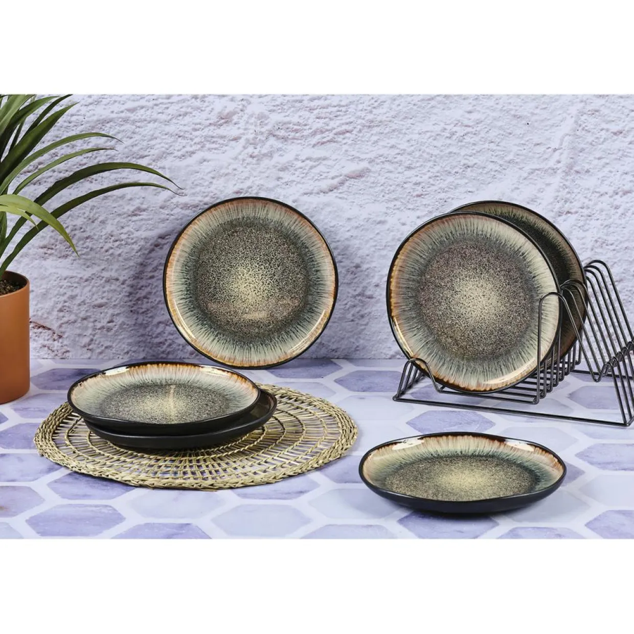 6 Assiettes en Grès dessert Iris beige/marron - D.21.5 cm-Bjorn New
