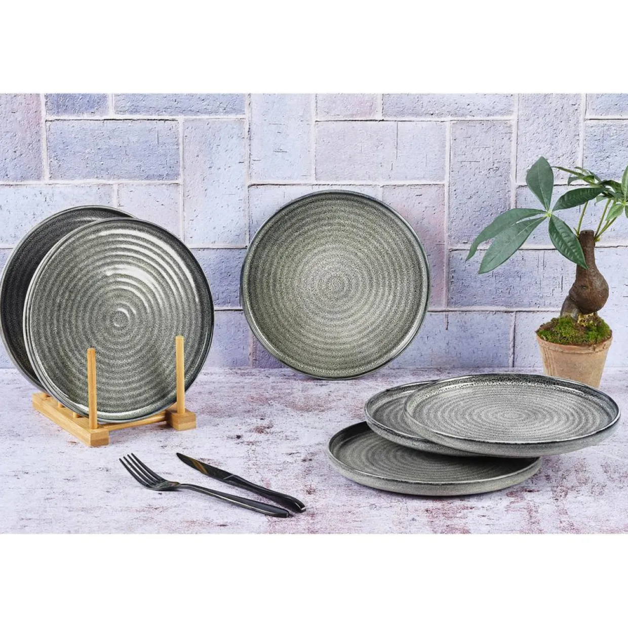 6 Assiettes en Grès dessert Zen gris/bleu - D.22 cm-Bjorn Outlet