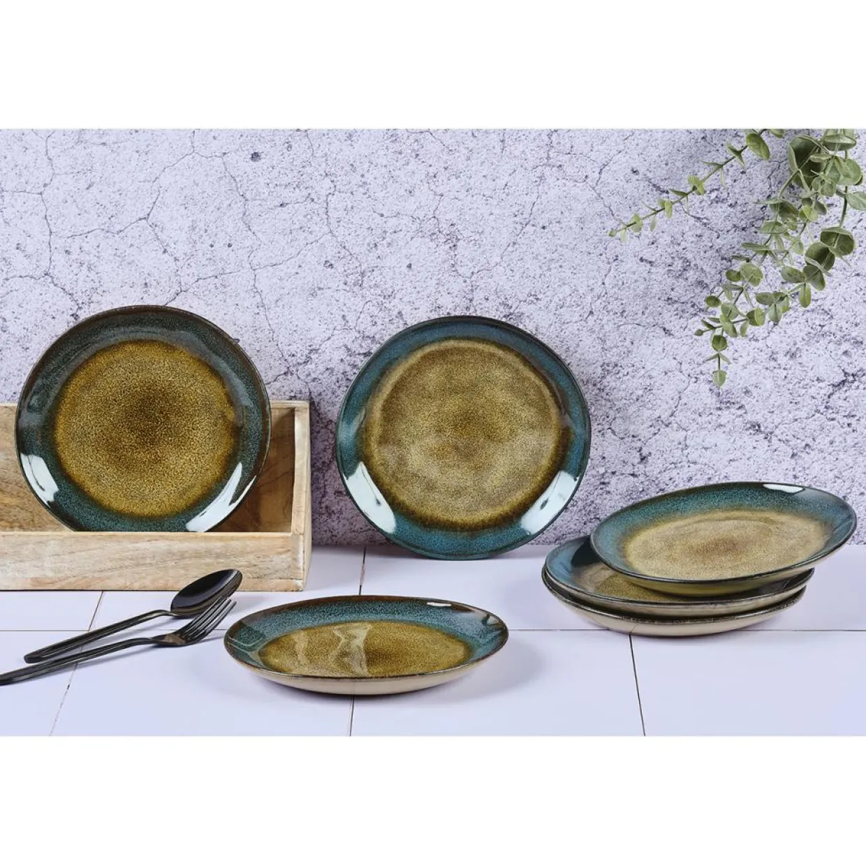 6 Assiettes en Grès Island kaki/bleu - D.20.5 cm-Bjorn Outlet