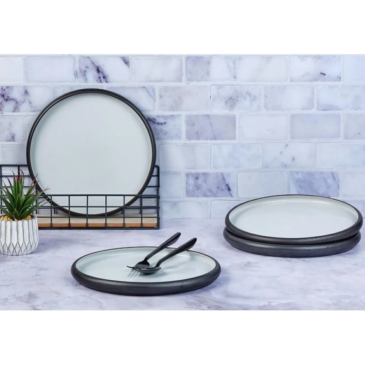 Bjorn Assiettes^4 Assiettes Gourmet blanc granité/noir onyx - 28x28x3 cm