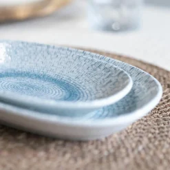 6 Assiettes OvalesAqua 23.5X13.5Cm EnPorcelaine Blanc Et Bleu-Novastyl Hot