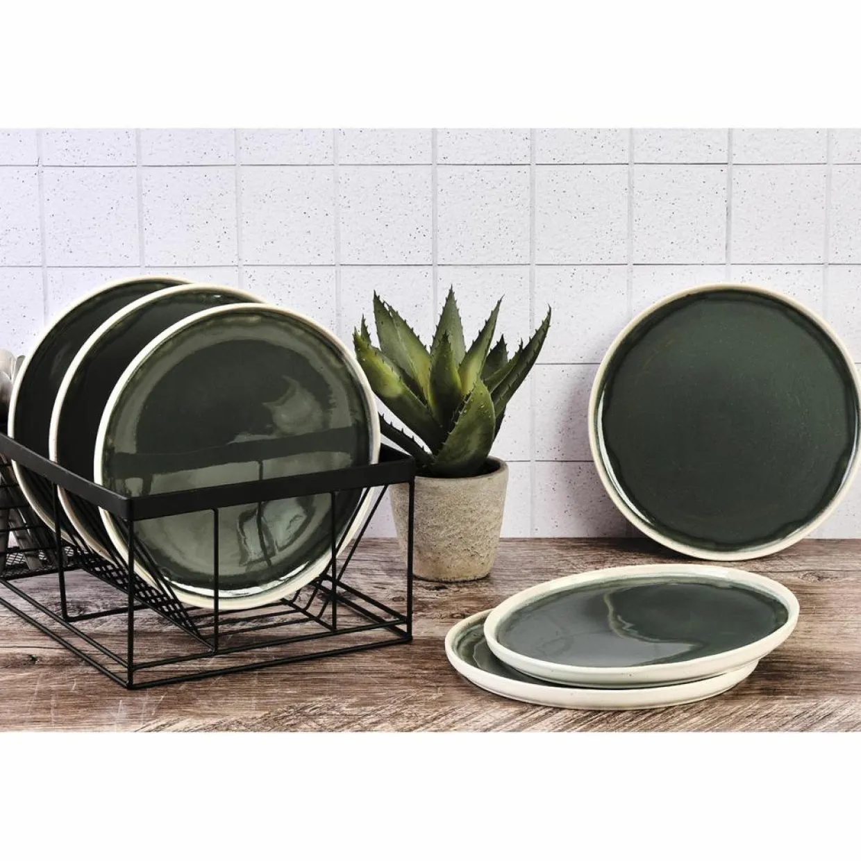Bjorn Assiettes^6 Assiettes Oxygen gris/vert bouteille/beige - D.27 cm