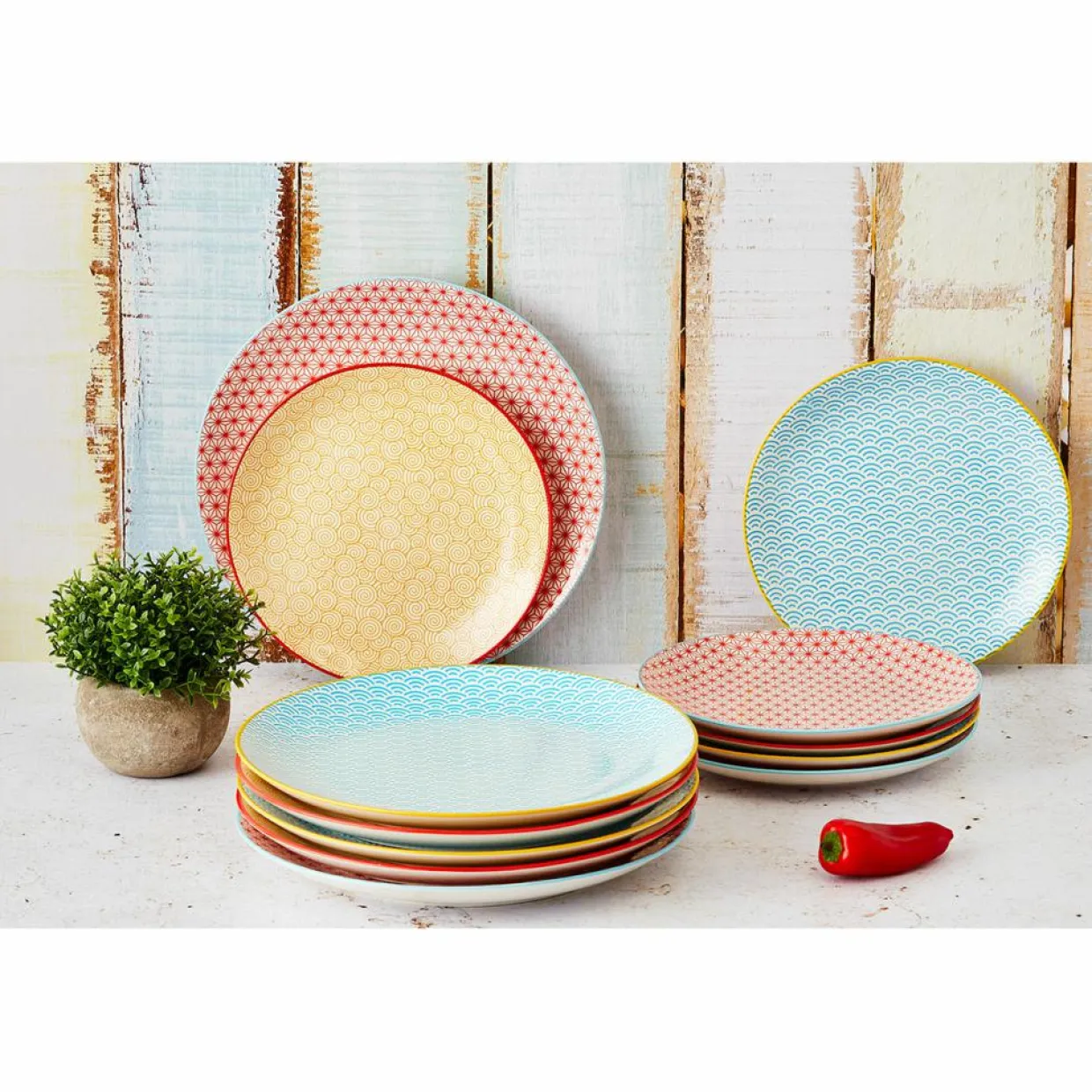 6 Assiettes plates Pattern Color bleu clair/rouge/jaune - D.26 cm-Bjorn