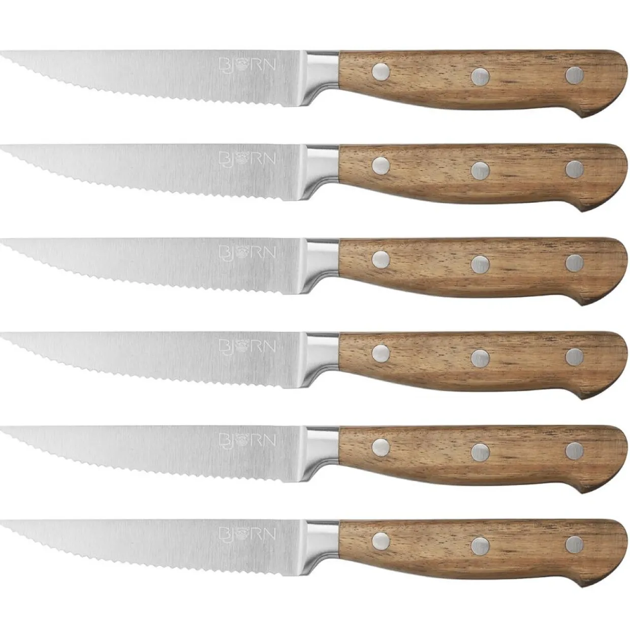 6 Couteaux à steak Jakob inox bois - 22x2x1 cm-Bjorn Online
