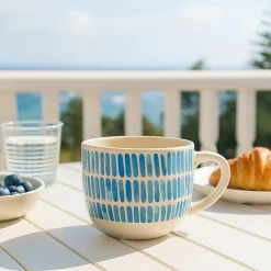 Novastyl Mugs, Tasses^6 Jumbos Corfu 58ClEn Grès Blanc AvecRayures Bleues
