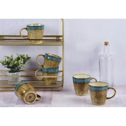 6 Mugs en Grès Island kaki/bleu - 40 cl-Bjorn Discount
