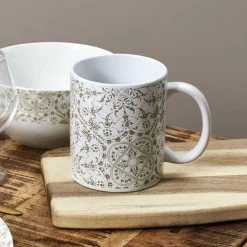 Home Deco Factory Mugs, Tasses^2 Mugs motif faïence blanc/taupe - 12.5x9.2x8 cm