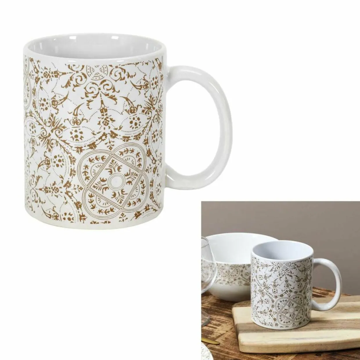 Home Deco Factory Mugs, Tasses^2 Mugs motif faïence blanc/taupe - 12.5x9.2x8 cm