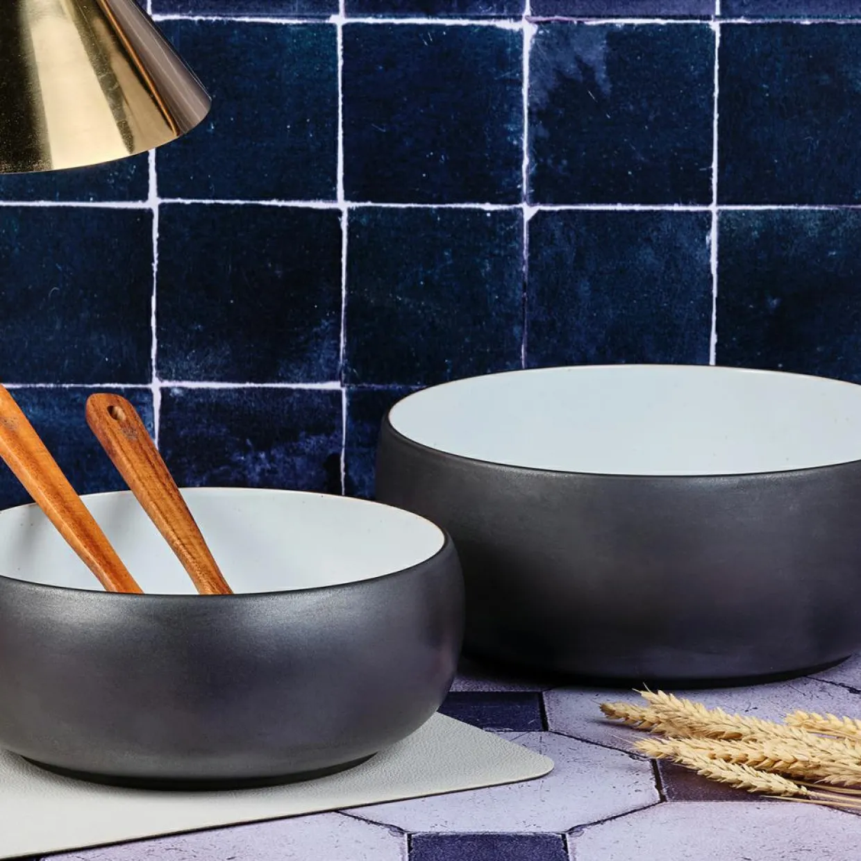 Bjorn Saladiers^2 Saladiers en Grès Gourmet blanc granité/noir onyx - 40.5x40.5x20.5 cm