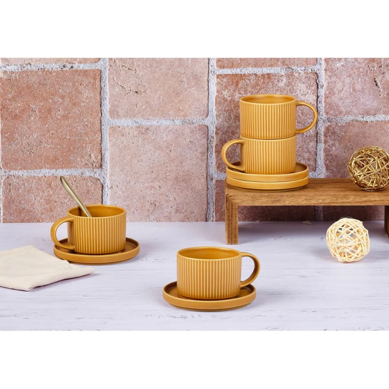 8 Tasses Scandi Et Soucoupe jaune ocre - 15 cl-Bjorn Discount