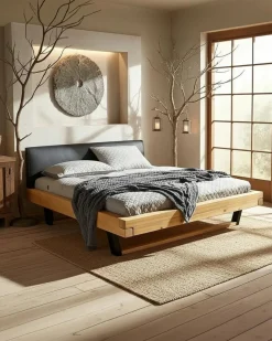 Uniqka Lits^Bakara - Lit poutre en bois massif d'épicéa et métal noir 160 CM