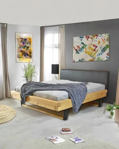 Uniqka Lits^Bakara - Lit poutre en bois massif d'épicéa et métal noir 160 CM
