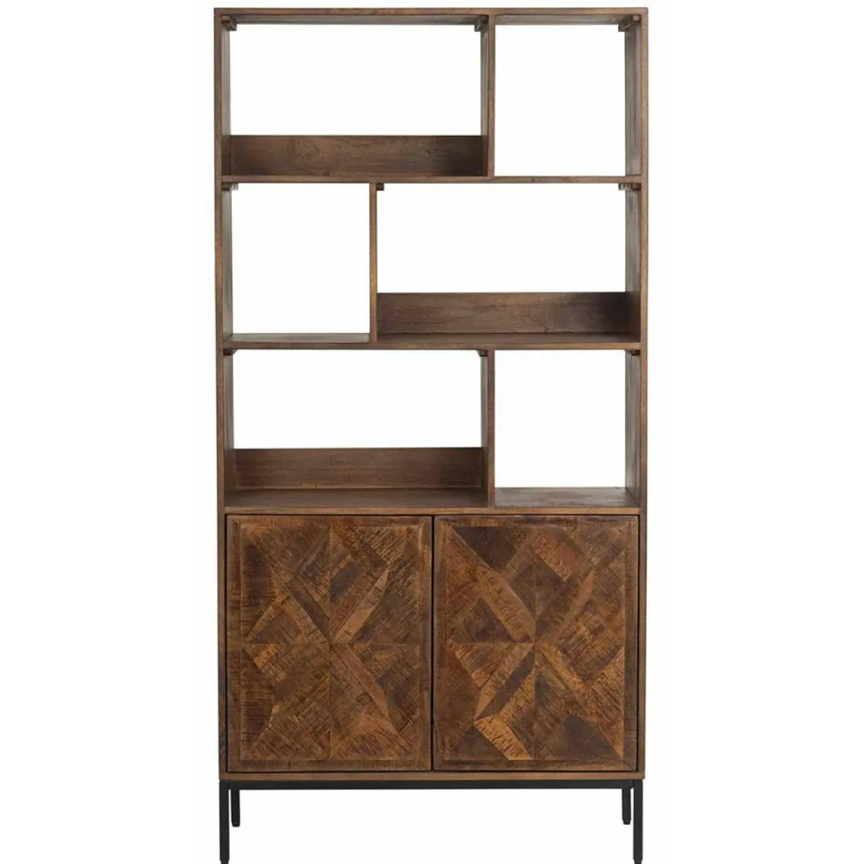 Bibliothèque 2 portes 6 niches manguier kama marron - 90x40x180 cm-Bois & Chiffons Outlet