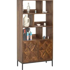 Bibliothèque 2 portes 6 niches manguier kama marron - 90x40x180 cm-Bois & Chiffons Outlet