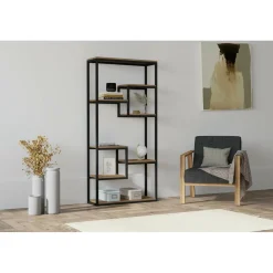 Wooden Art Etagères^Bibliothèque emina noyer/noir - 85x182x29 cm