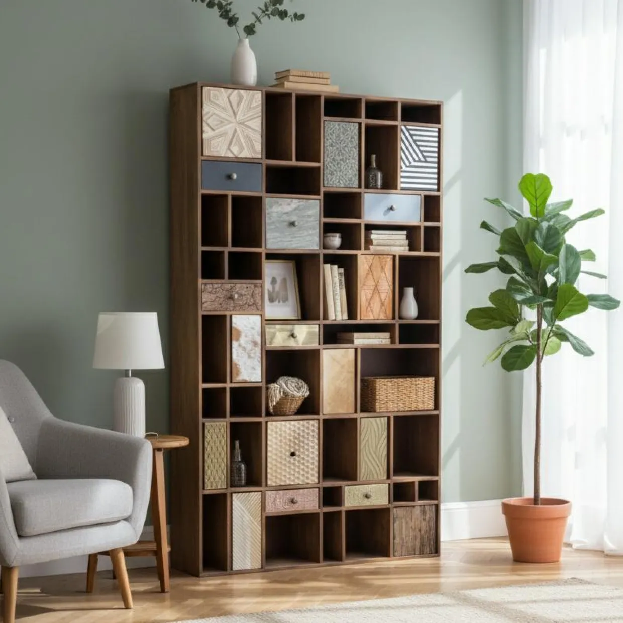 Bibliothèque multi-matériaux peau de vache bois sculpté Naturel - 115x30x200 cm-Bois & Chiffons Online