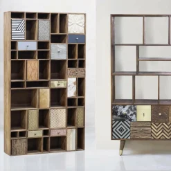 Bibliothèque multi-matériaux peau de vache bois sculpté Naturel - 115x30x200 cm-Bois & Chiffons Online