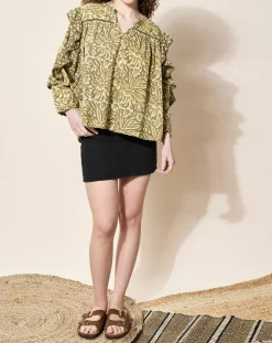 Blouse 100% Coton Bio Damud imprimée kaki-Louizon Sale