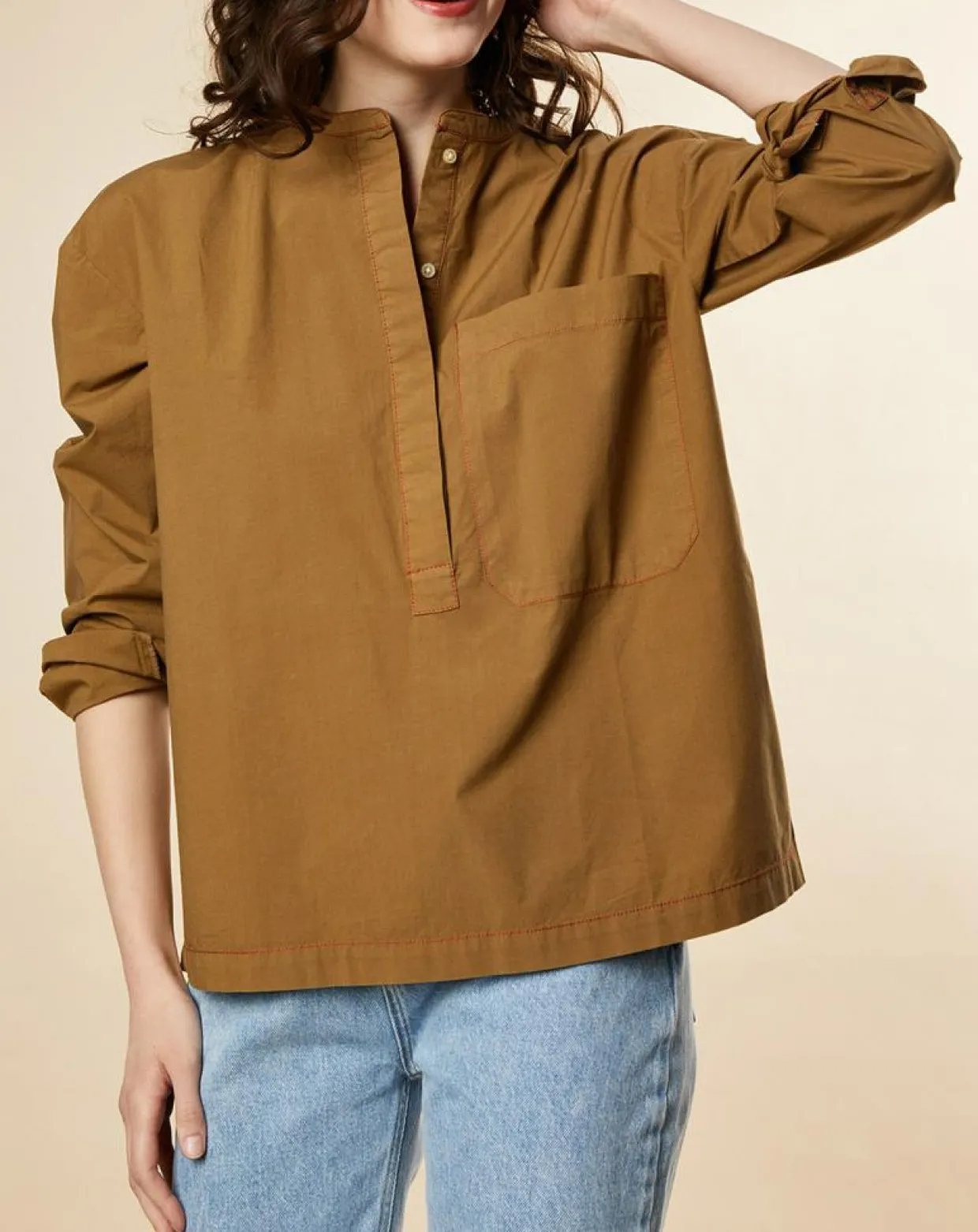 Blouse en Popeline de Coton oversize Cachou kaki-Chloé Stora