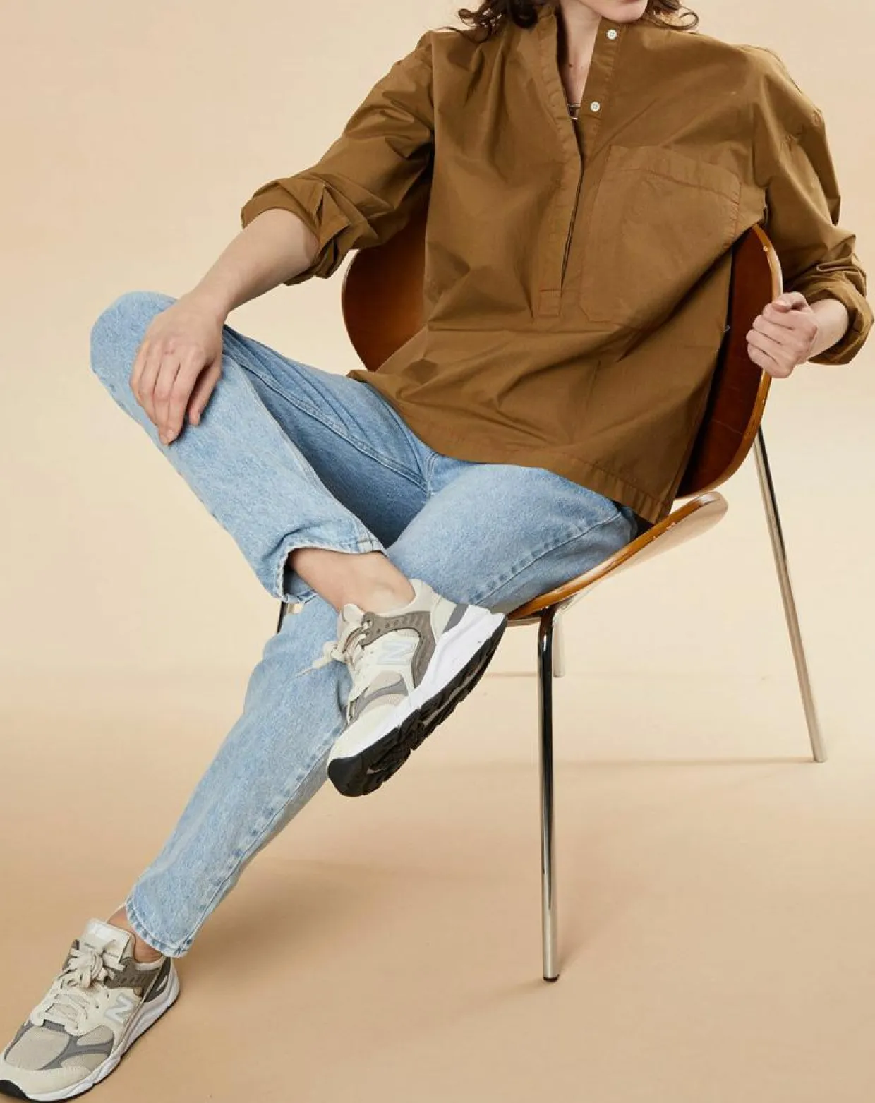 Blouse en Popeline de Coton oversize Cachou kaki-Chloé Stora