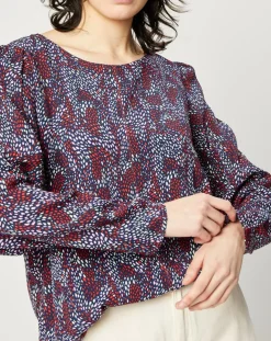 Blouse fluide à manches bouffantes motifs prune/bleu-Esprit Discount