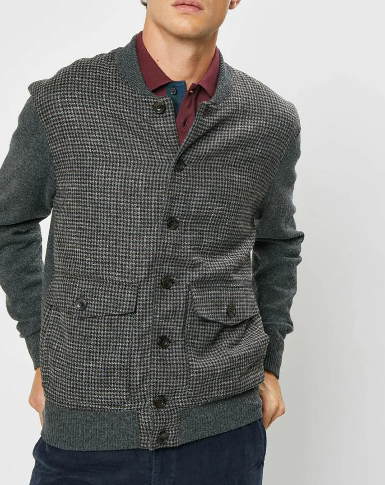 Homme Hackett London Vestes, Blousons^Blouson 100% Laine Tricot imprimé pied-de-poule gris/marron