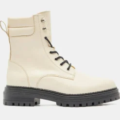 Femme Galeries Lafayette Bottines^Boots en Cuir à lacets col matelassé beiges - Talon 3 cm
