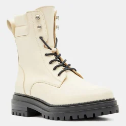 Femme Galeries Lafayette Bottines^Boots en Cuir à lacets col matelassé beiges - Talon 3 cm