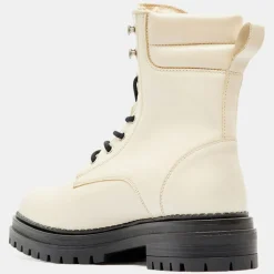 Femme Galeries Lafayette Bottines^Boots en Cuir à lacets col matelassé beiges - Talon 3 cm
