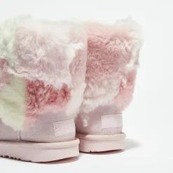 Enfant Ugg Bébé^Boots fourrées Laine & Fausse Fourrure en Velours de Cuir Classic Short Patchwork Fluff rose clair