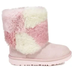 Enfant Ugg Bébé^Boots fourrées Laine & Fausse Fourrure en Velours de Cuir Classic Short Patchwork Fluff rose clair