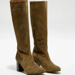 Bottes en Velours de Cuir Lara kaki - Talon 8 cm-Apologie Online
