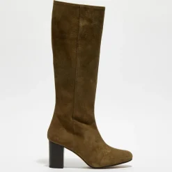 Bottes en Velours de Cuir Lara kaki - Talon 8 cm-Apologie Online