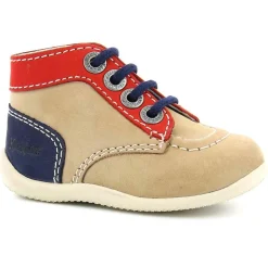 Enfant Kickers Bébé^Bottillons Bébé en Velours de cuir beige/rouge/marine