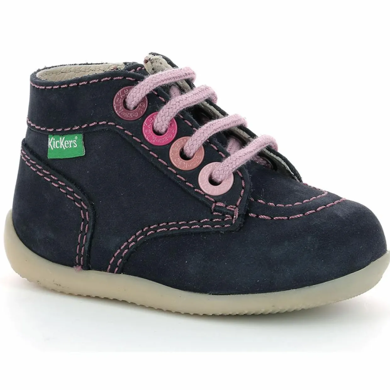 Enfant Kickers Bébé^Bottillons en Cuir Bonzip-2 marine/rose