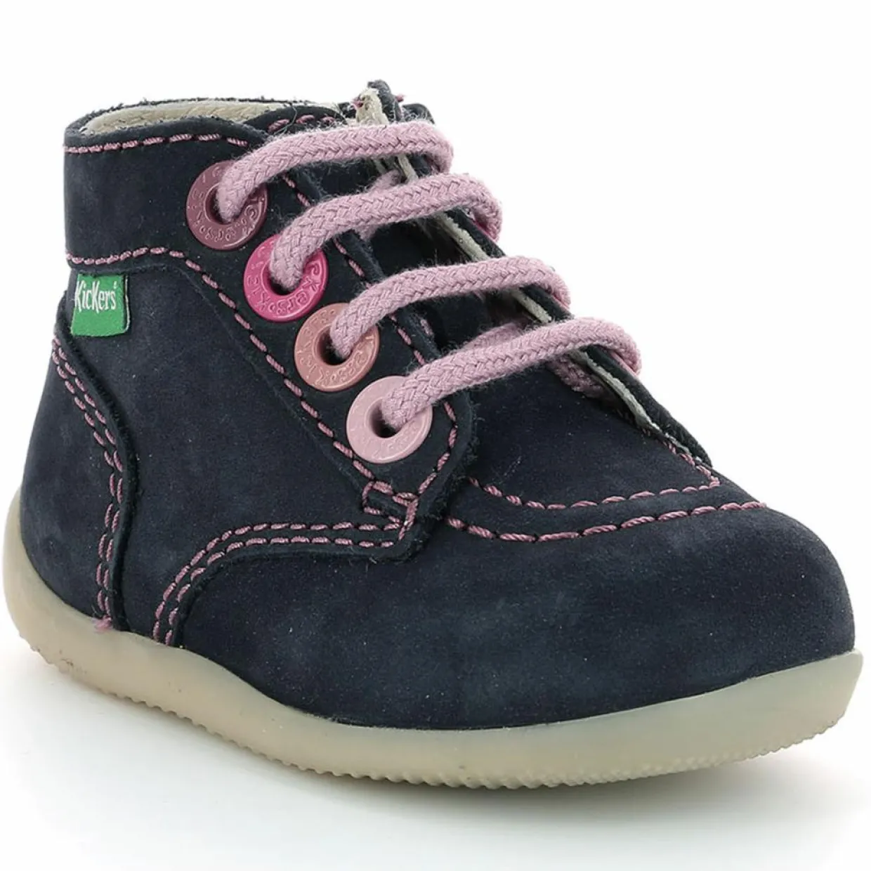 Enfant Kickers Bébé^Bottillons en Cuir Bonzip-2 marine/rose