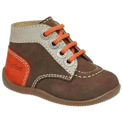 Enfant Kickers Bébé^Bottillons en Velours de Cuir Bonbon marron fonce/marron/orange
