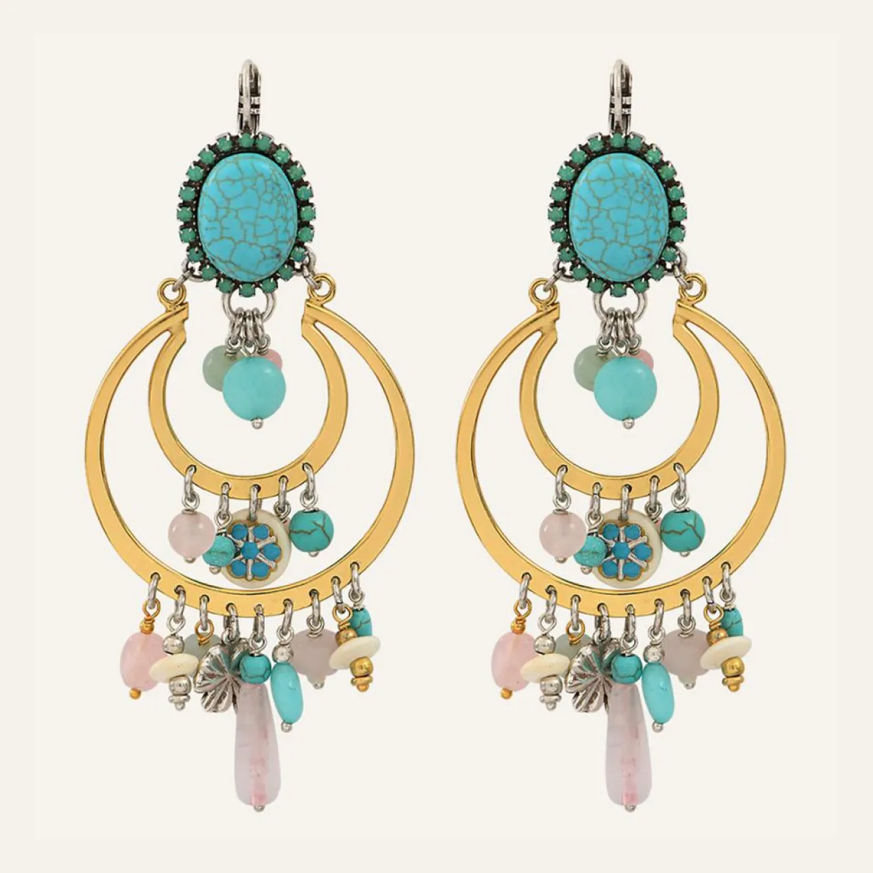 Boucles d'oreilles Lucky Charms Jade, Quartz Amazonite, Howlite & Cristal Swarovski dorées-Reminiscence Best