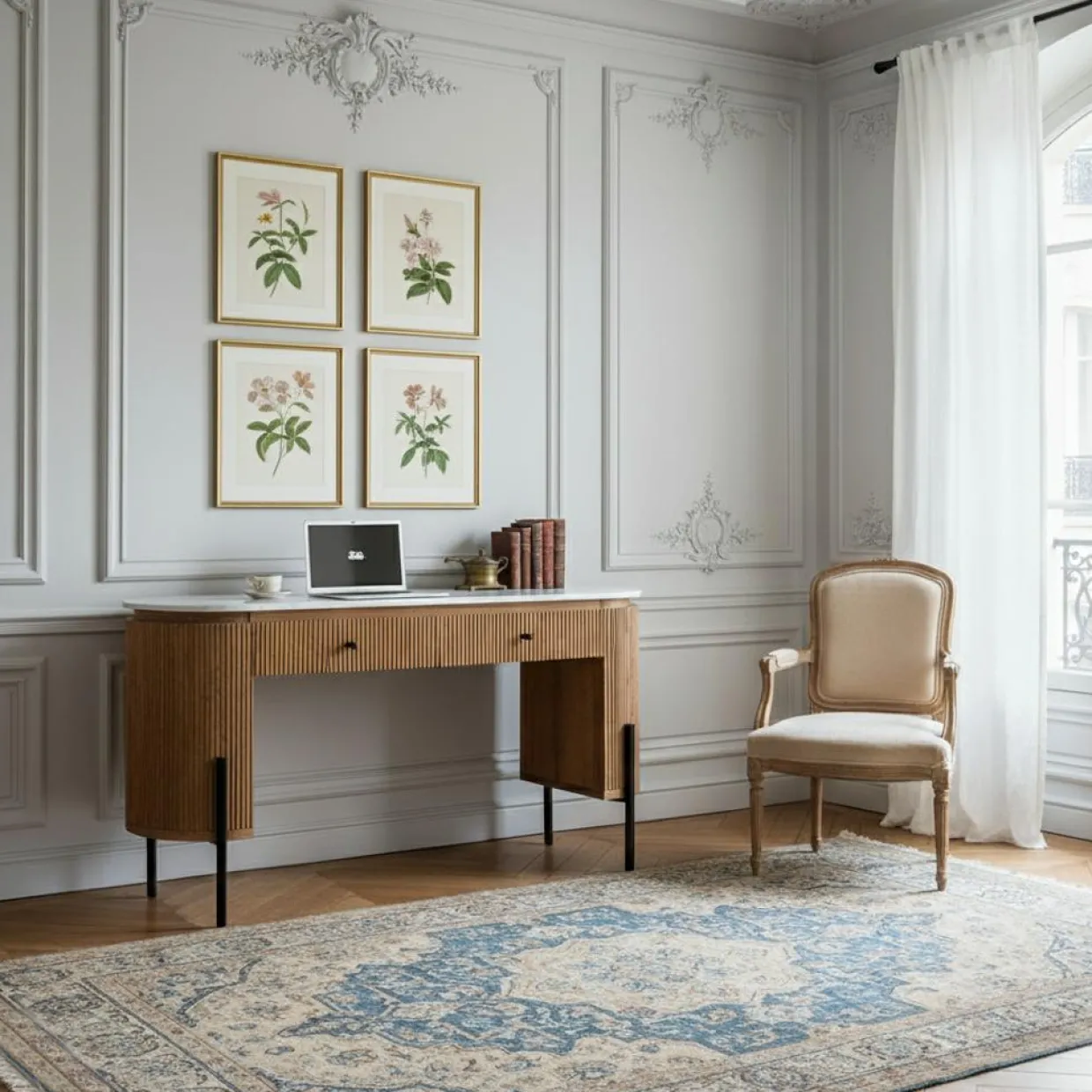 Bois & Chiffons Bureaux^Bureau 2 tiroirs plateau marbre blanc Manguier Kfir II Marron - 140x42x76 cm
