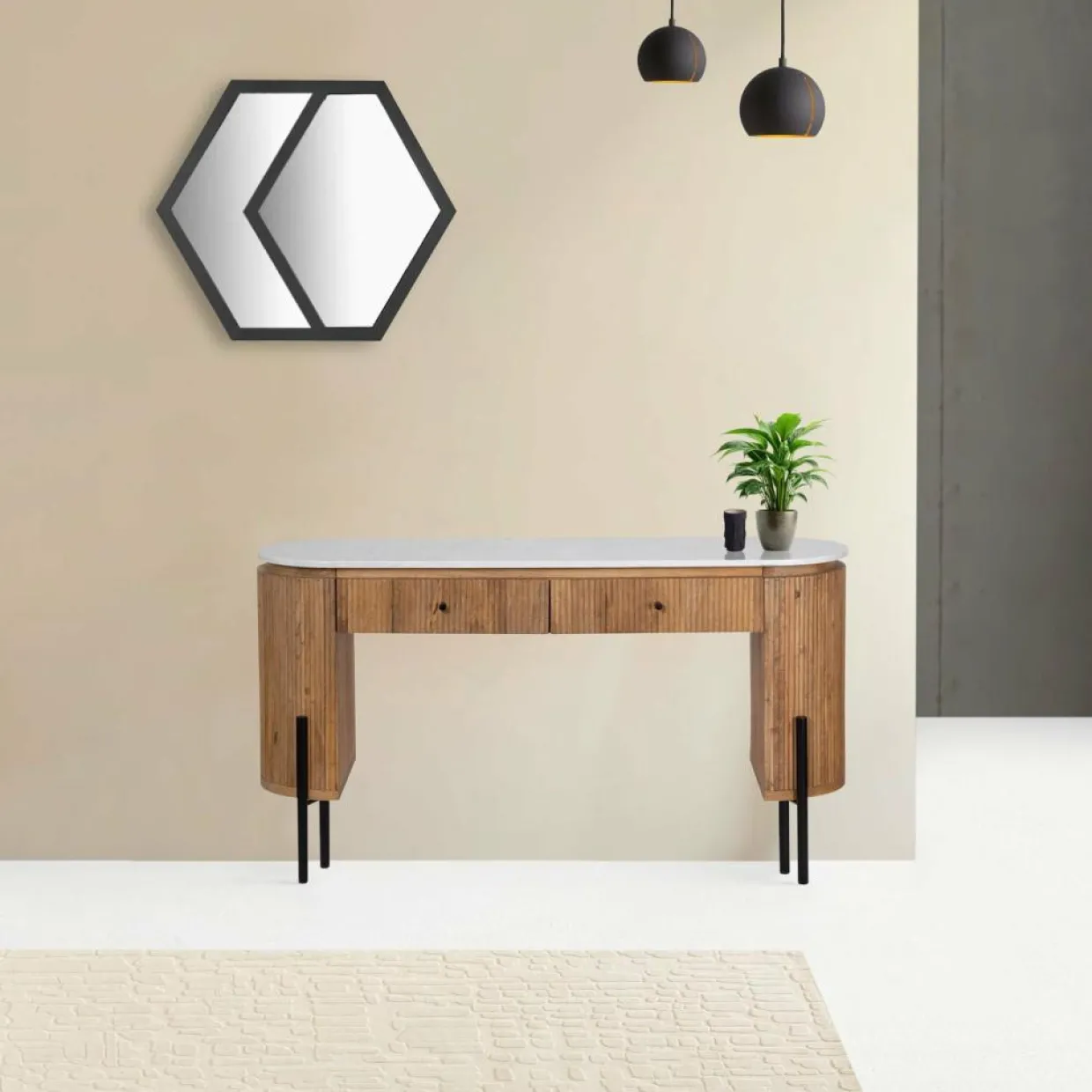 Bois & Chiffons Bureaux^Bureau 2 tiroirs plateau marbre blanc Manguier Kfir II Marron - 140x42x76 cm