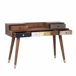 Bureau multi-matériaux peau de vache bois sculpté Naturel - 130x45x88 cm-Bois & Chiffons Outlet