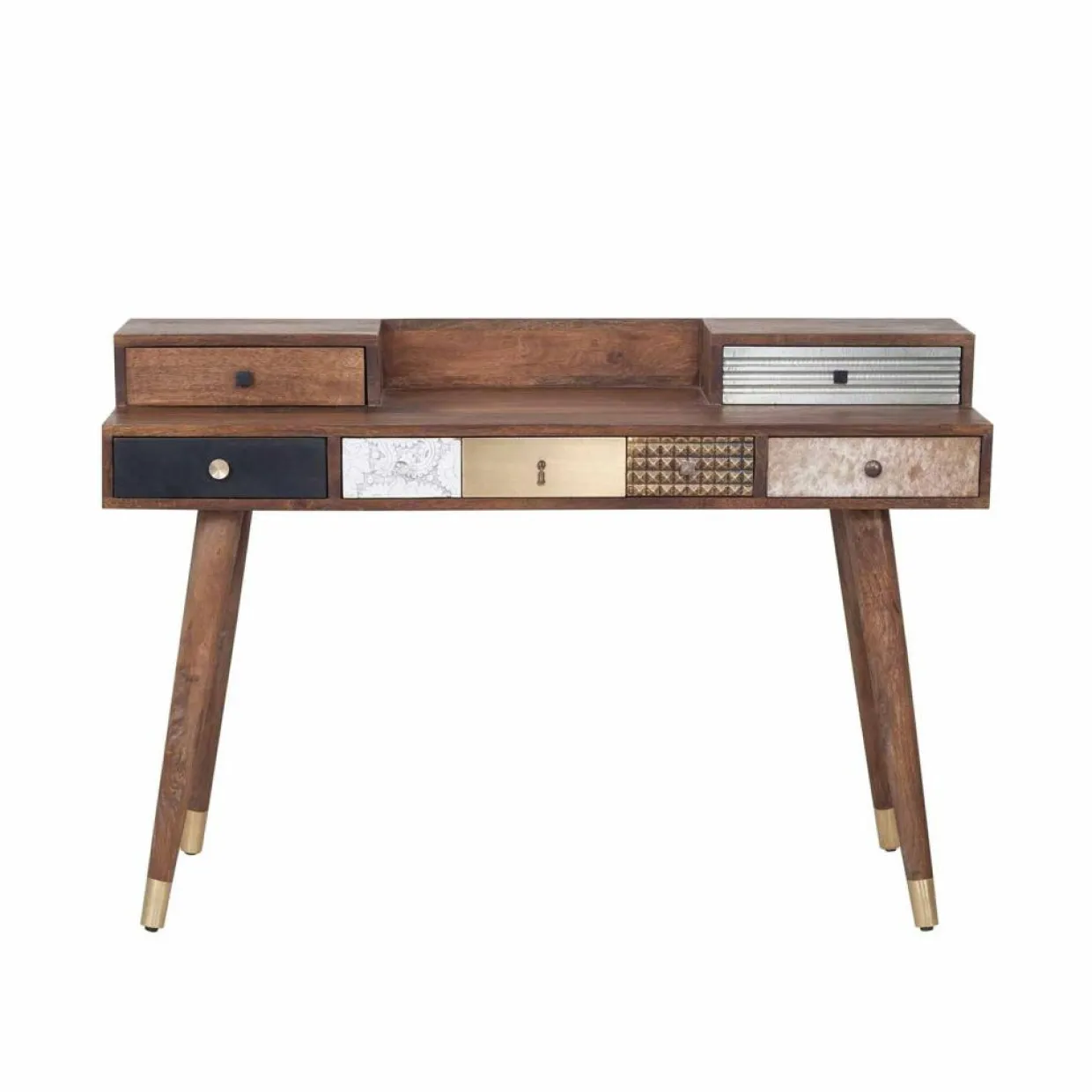 Bureau multi-matériaux peau de vache bois sculpté Naturel - 130x45x88 cm-Bois & Chiffons Outlet