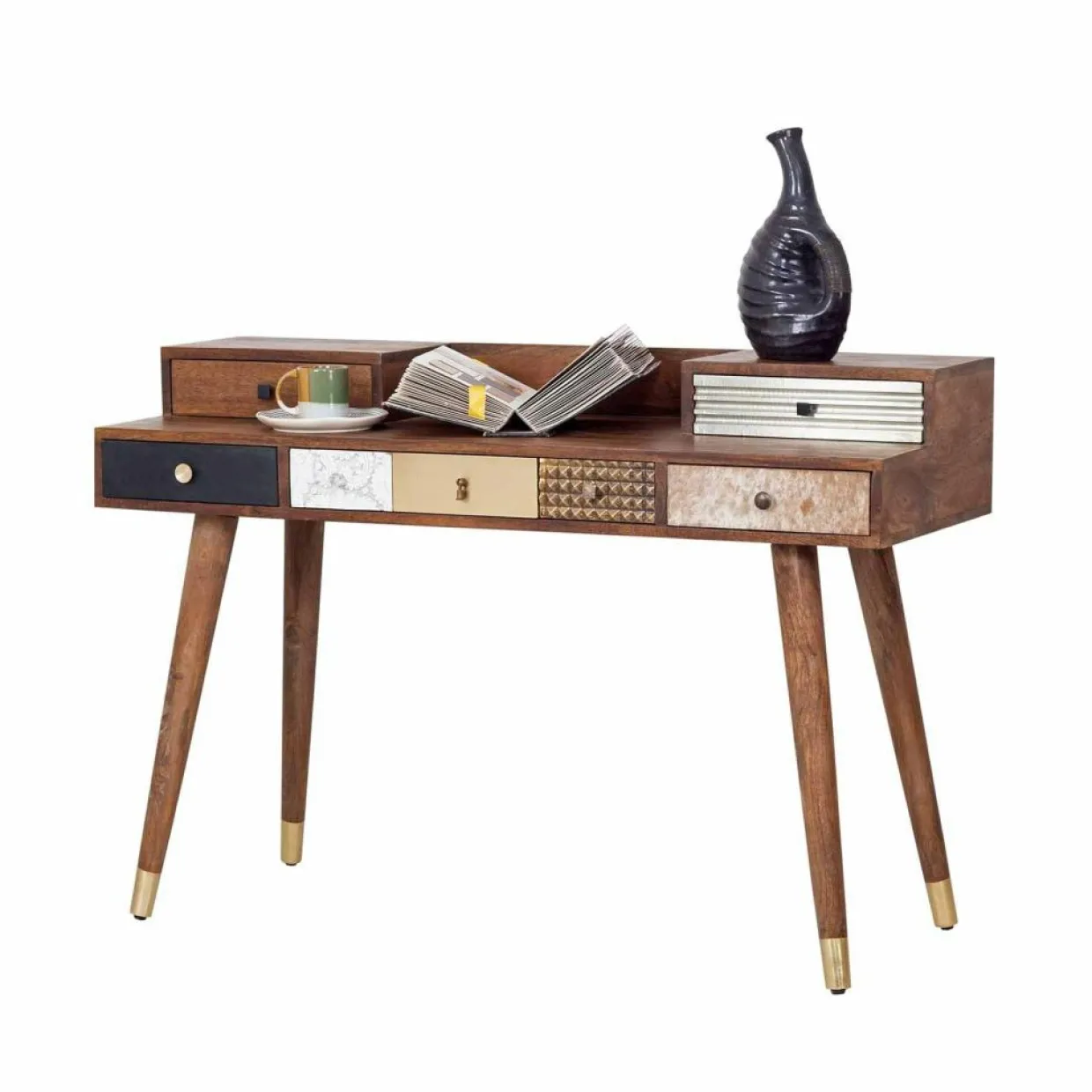 Bureau multi-matériaux peau de vache bois sculpté Naturel - 130x45x88 cm-Bois & Chiffons Outlet