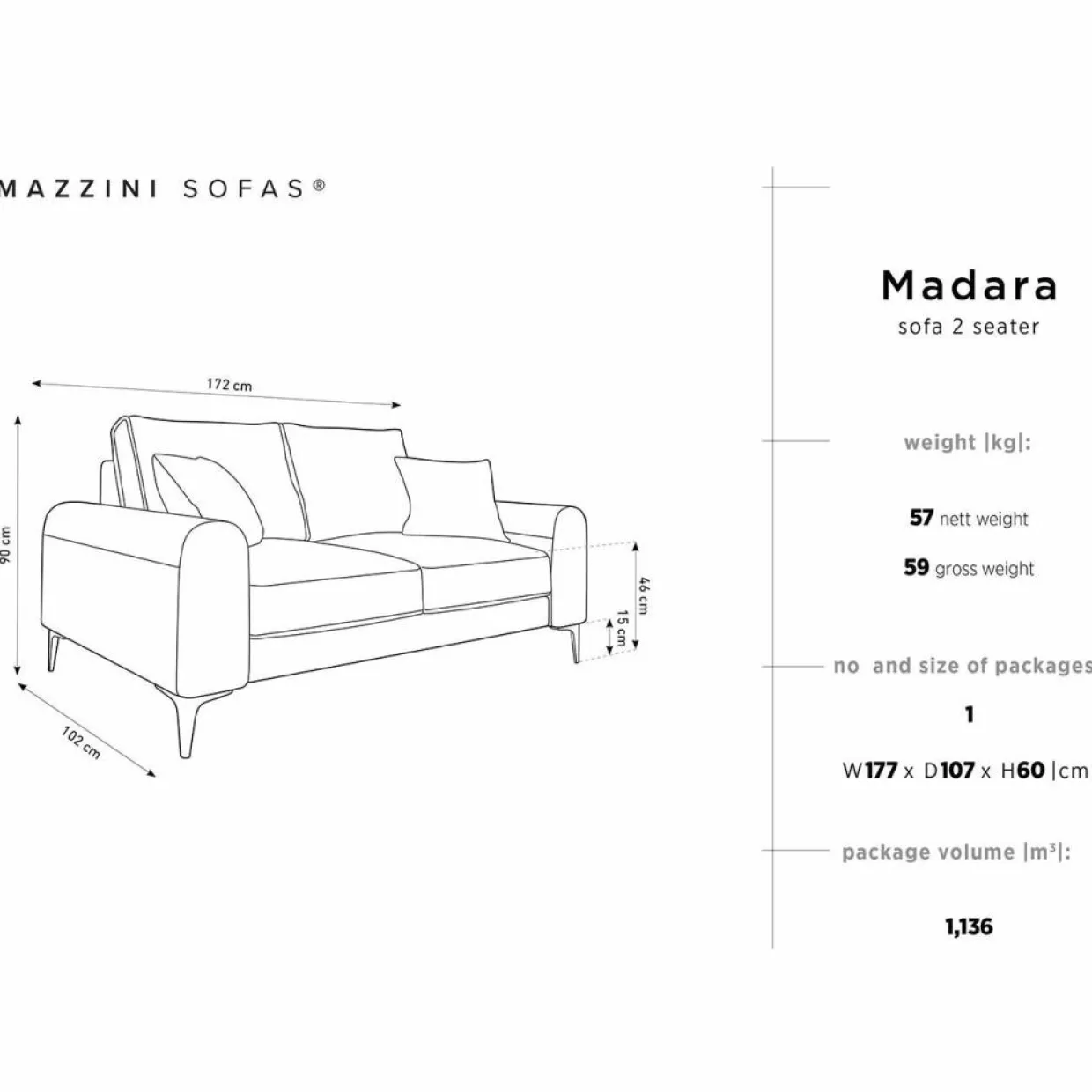 Canapé 2 places velours madara gris - 172x102x90 cm-Mazzini Sofas New