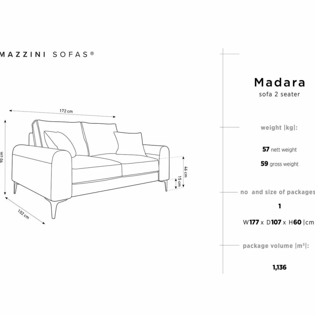 Canapé 2 places velours madara turquoise - 172x102x90 cm-Mazzini Sofas