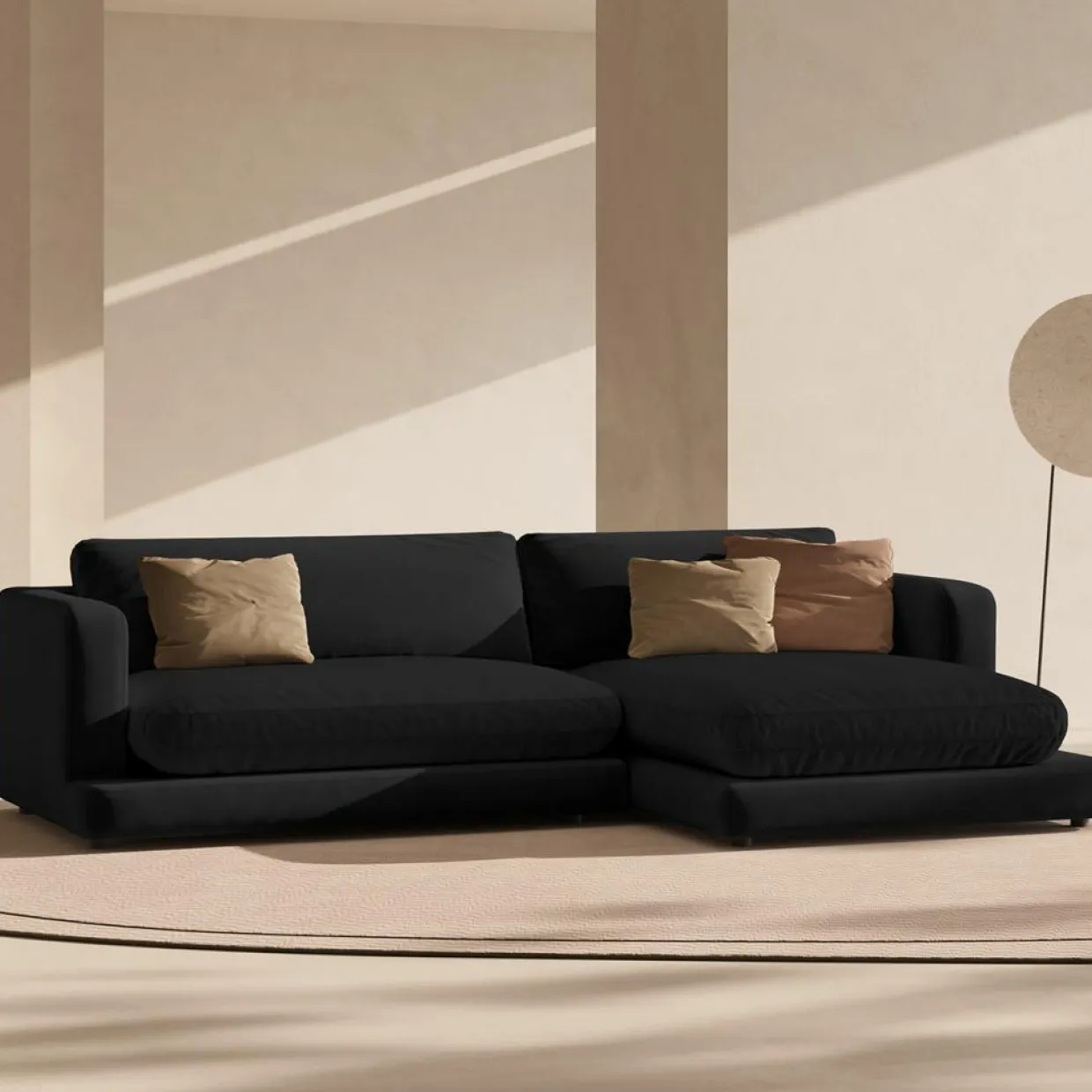 Canapé d'angle droit en Velours Daphne 4 Places Noir - 270x170x86 cm-Mazzini Sofas Outlet